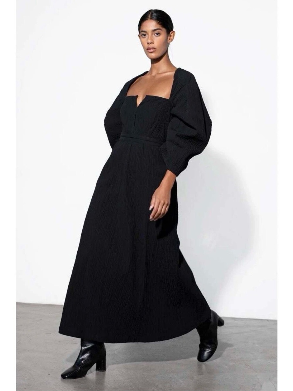 Mara Hoffman Violeta Black Textured Organic Cottn Maxi Dress Puff Sleeve 14 NWOT